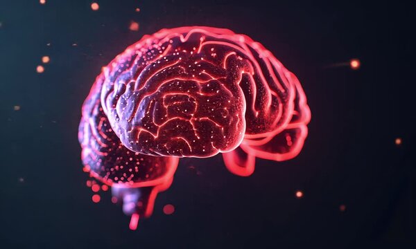 Vibrant glowing red neural network depicting the complex synaptic connectivity and neurological pathways within the cerebral cortex and gray matter of the human brain  This futuristic 