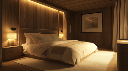 A cozy, modern bedroom with warm lighting, wooden accents, and a spacious bed, creating a serene and inviting atmosphere perfect for relaxation and rest.