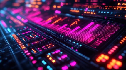 Obraz premium Abstract digital visualization with vibrant graphs and data elements.