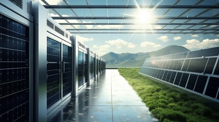Obraz premium Renewable Energy in Sustainable Data Center Power Supply Architecture A Innovative Concept Showcasing the Seamless of Solar Wind and Grid Tied Systems to Power Modern IT Facilities,generative ai 