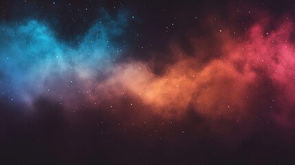A vibrant cosmic nebula with colorful clouds and stars against a dark background.