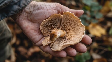 A hand gently holding a wild mushroom, showing its delicate gills and earthy colors.