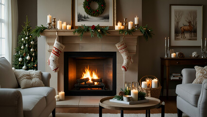 cozy fireplace with stockings and garland christmas  decorations
