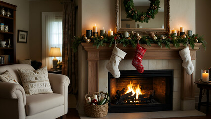 Fototapeta premium cozy fireplace with stockings and garland christmas decorations 