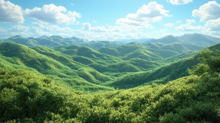 Naklejka premium Serene Mountain Retreat: Peaceful Green Landscape with Rolling Hills, Colorful Foliage, and Blue Sky