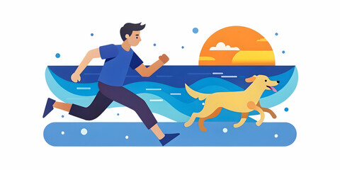 Candid Moment of Joy: Dog and Owner Playfully Running on the Beach, Celebrating Freedom in Nature - Heartwarming Bond Captured in Photo Stock