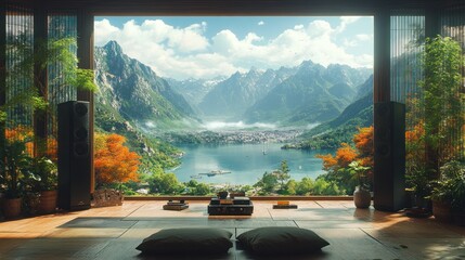 Scenic mountain view from a cozy indoor space with nature elements.