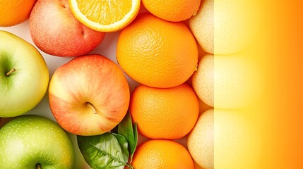 A close-up image of fresh apples and oranges on a white background with a bright yellow gradient to the right.