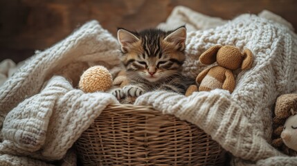 A kitten cuddled up in a basket, surrounded by soft blankets and plush toys in a warm, cozy room.