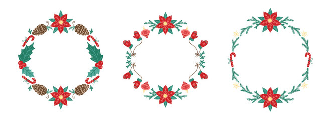 Round Christmas frames collection with branches and leaves. Winter frame with empty space for text. Christmas and New Year. Isolated vector illustration.