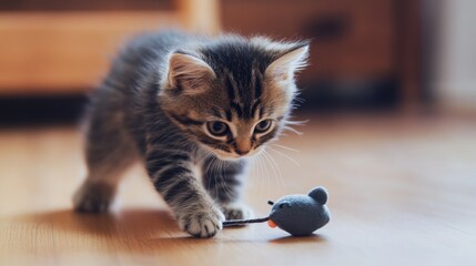 A kitten playing with a toy mouse on a hardwood floor, swatting it back and forth with delight.