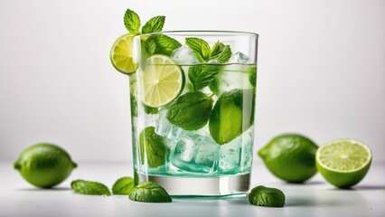 A classic mojito with fresh mint leaves and lime wedges, in a clear glass with ice, isolated on white background