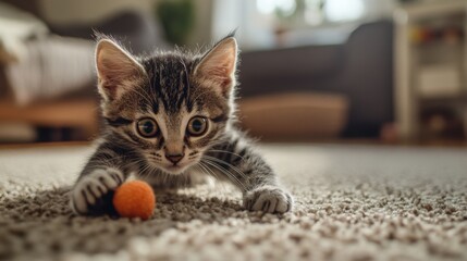 A kitten playing with a toy mouse, pouncing and batting at it on a soft carpet in a cozy living room.