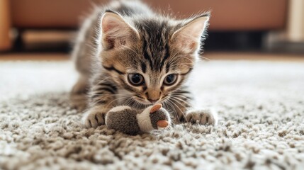A kitten playing with a toy mouse, pouncing and batting at it on a soft carpet in a cozy living room.