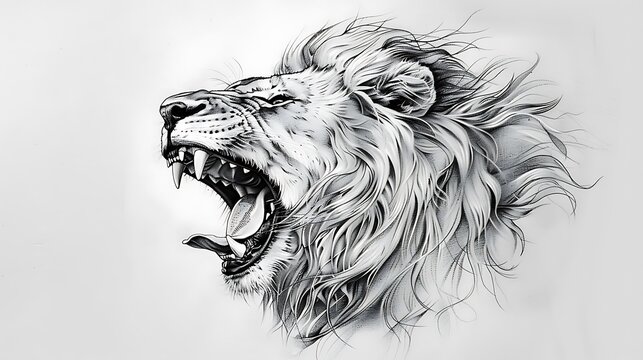 A realistic tattoo art design of a roaring lion, with fine shading and detailed linework to capture the fierce expression and texture of the mane. 8k UHD, suitable for high-quality printing 
