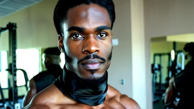 A young man with a black bandana around his neck, dark hair, and a goatee stands in a gym, looking intently at the camera. He has a muscular build,