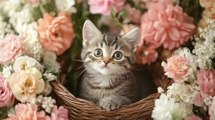 A kitten sitting in a basket surrounded by flowers, looking curiously at the camera with wide, innocent eyes.