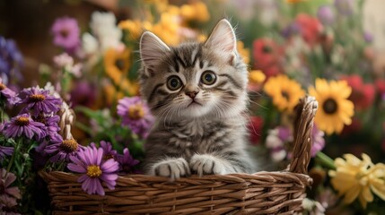 A kitten sitting in a basket surrounded by flowers, looking curiously at the camera with wide, innocent eyes.