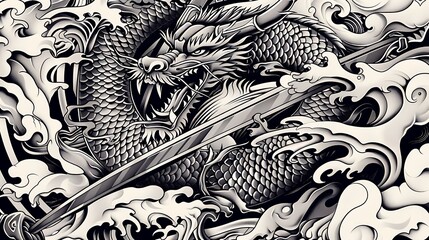 A tattoo art design featuring a mythological dragon coiling around a sword, with intricate scales and bold lines, blending fantasy and traditional elements. 8k UHD, suitable for high-quality 