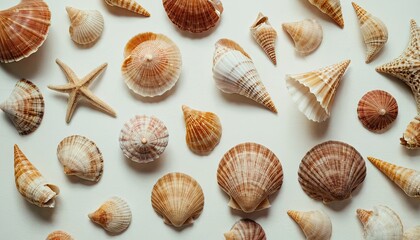 Seashells of various shapes and sizes arranged on a beige background 10