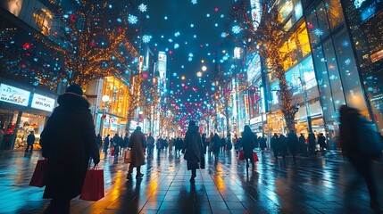 Fototapeta premium Shibuya Scramble Crossing filled with holiday spirit, colorful LED lights creating a dynamic pattern on the surrounding buildings, vibrant festive decorations glowing above. People with shopping bags,