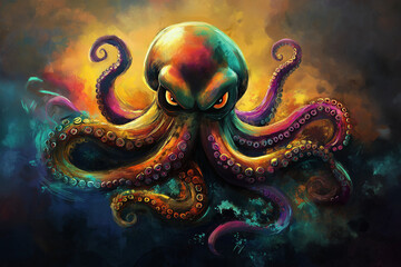 Fototapeta premium Angry multicolored octopus with tentacles