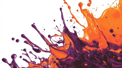 Naklejka premium A vibrant splash of orange and purple paint against a white background, showcasing dynamic motion.