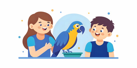 Children Teaching Parrot to Talk at Home: A Candid Shot Capturing Enthusiasm, Learning Patience, and the Special Family-Pet Connection in Photo Stock Concept