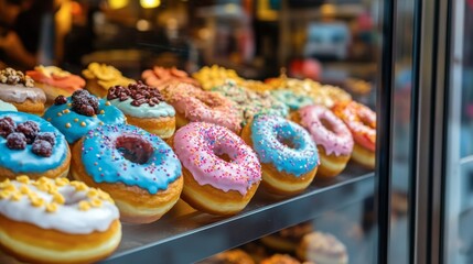 A line of colorful donuts in a bakery window, enticing passersby with their sweet glaze and toppings.