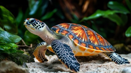Obraz premium A close-up of a sea turtle with its head turned to the right, walking on white sand with green plants in the background.