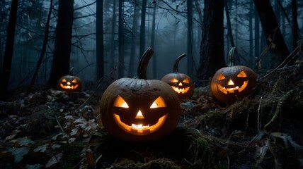 Halloween pumpkins in the fogy forest at night.Halloween background with Evil Pumpkin. Spooky scary dark fogy Night forrest. Halloween background
