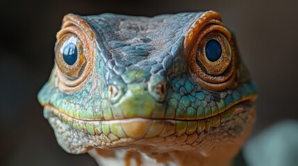 Fototapeta premium A close-up portrait of a green lizard with large, brown eyes and a toothy smile.