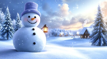 Obraz premium A cheerful snowman perched at the top of a snowy hill, holding a small lantern that softly illuminates the snow around it. The snowman gazes over a quiet,