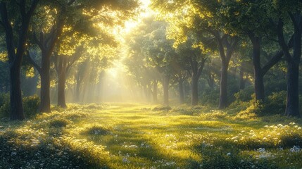 Obraz premium Serene forest path illuminated by soft sunlight.