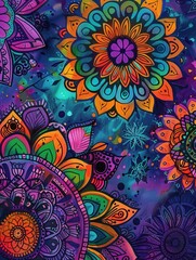Colorful floral mandalas in vivid hues of purple, orange, and green blend seamlessly against a blue backdrop for a captivating look. Generative AI