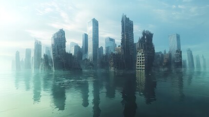 Fototapeta premium Submerged Cityscape: Impact of Rising Sea Levels on Modern Urban Skyscrapers - Climate Change and Global Flooding Crisis