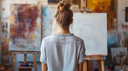 female painter stands facing a large canvas, her back to the camera, symbolizing creativity, introspection, and artistic focus. The scene evokes themes of self-expression and dedication to craft
