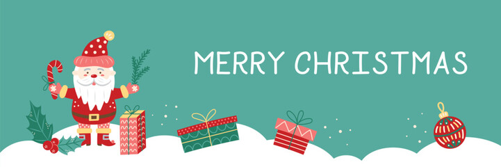 Horizontal Merry Christmas Banner with Santa Claus and gift boxes. Greeting card on green background. Christmas and New Year. Vector illustration.
