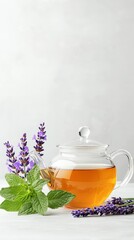 Peppermint and lavender tea in a sleek glass teapot, chic modern kitchen, bright and airy, herbal tea, calming and refreshing with space for text