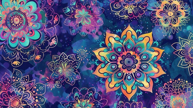 A collection of colorful floral mandalas showcases intricate designs and vivid hues, blending harmoniously into a captivating display. Generative AI