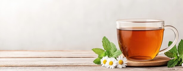 Peppermint and chamomile tea in a cozy rustic kitchen, soft lighting and natural wood table, herbal tea, calming and digestive aid with space for text