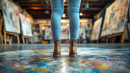 female painter stands facing a large canvas, her back to the camera, symbolizing creativity, introspection, and artistic focus. The scene evokes themes of self-expression and dedication to craft
