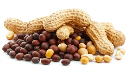 A variety of nuts, including peanuts and legumes, arranged in a visually appealing manner.