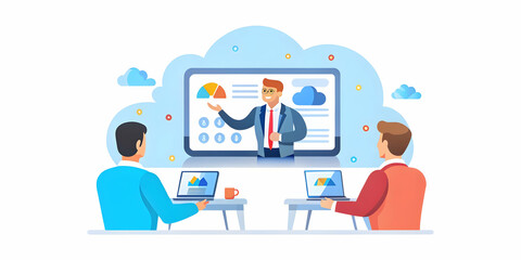 Cloud Consultant Meeting with Clients - Professional Presentation of Cloud Solutions Using Tablet in Modern Office Setting, Natural Expressions, Competence, and Ambiance