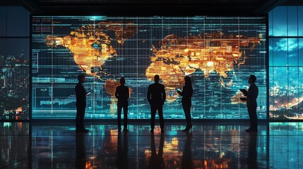 Business team analyzing international market data on a large screen
