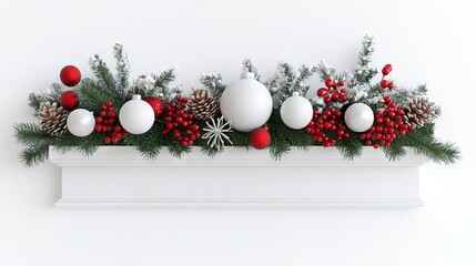 2408_012.Cozy Christmas mantel decorated with vintage ornaments, pine cones, red berries, white background, 3D Rendering, isometric