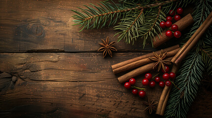Warm holiday arrangement with cinnamon sticks, star anise, and berries on a wooden surface