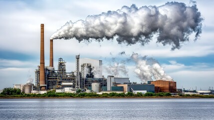 Obraz premium Industrial Factory with Towering Smokestacks and Smoke