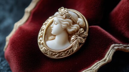 Naklejka premium A vintage cameo brooch pinned to a velvet ribbon, styled in a classic, elegant fashion.