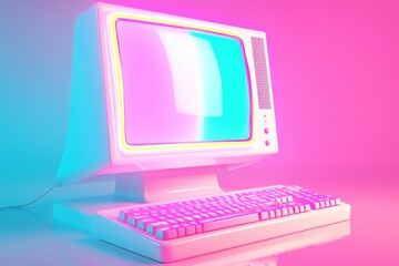 A retro-style computer with a vibrant, neon aesthetic, blending technology and art in a visually striking manner.
